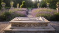 A grand podium with ornate carvings and a lavishly embroidered lavender cloth d over the edges. Behind it a peaceful