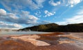 Grand Prismatic Hot Spring under sunset clouds in the Midway Geyser Basin in Yellowstone National Park in Wyoming