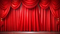 Grand red velvet theater curtains with multiple draped valances and gold tie-backs red curtains Royalty Free Stock Photo
