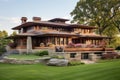A grand residence featuring numerous windows and a sprawling grassy landscape, A Frank Lloyd Wright-inspired prairie house, AI