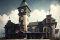 grand, 1930s-style train station with vintage decorative elements and towering clock tower