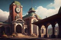 grand, 1930s-style train station with vintage decorative elements and towering clock tower