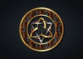 The Grand Seal of gold Triquetra with silver Triangle and bronze Circle logo, Metallic Frame Trinity Knot, Pagan Celtic symbol