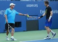 Grand Slam Champion Andy Murray (R) practices with his coach Grand Slam Champion Ivan Lendl for US Open 2016 Royalty Free Stock Photo