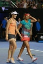 Grand Slam champion Martina Hingis of Switzerland and Sania Mirza of India celebrate victory after women s doubles final Royalty Free Stock Photo