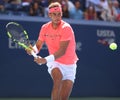 Grand Slam champion Rafael Nadal of Spain in action during his US Open 2017 round 4 match