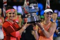 Grand Slam champion Sania Mirza of India and Martina Hingis of Switzerland during trophy presentation after doubles final match Royalty Free Stock Photo