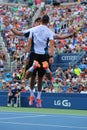 Grand Slam champions Mike and Bob Bryan celebrating victory after round 3 doubles match at US Open 2014