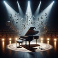 Grand piano, on stage, engulfed in joyous musical notes Royalty Free Stock Photo