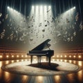 Grand piano, on stage, engulfed in joyous musical notes Royalty Free Stock Photo