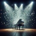 Grand piano, on stage, engulfed in joyous musical notes Royalty Free Stock Photo