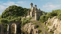 Grand stone castle with spires sits atop a cliff, connected by a bridge over a river, amid a verdant landscape. 3d render Royalty Free Stock Photo