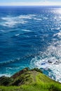 Grand swirl of currents marks the line where Tasman Sea meets Pacific Ocean. Cape Reinga, Far North, New Zealand