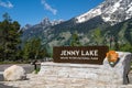 Grand Teton National Park, Wyoming - June 26, 2020: Sign for Jenny Lake, a famous scenic lake with a visitors center inside the