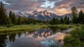 Grand Teton Peaks Reflected in Tranquil Snake River at Dusk Royalty Free Stock Photo