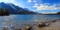 Panorama of Rocky Mountain Landscape with Grand Teton Range and Jenny Lake in Evening, Grand Teton National Park, Wyoming, USA Royalty Free Stock Photo