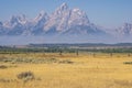 Grand Teton rising above a fence and field Royalty Free Stock Photo