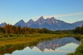 The Grand Teton sunrise reflection at Schwabacher`s Landing in Grand Teton National Park