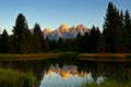 The Grand Teton sunrise reflection at Schwabacher`s Landing in Grand Teton National Park