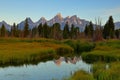 The Grand Teton sunrise reflection at Schwabacher`s Landing in Grand Teton National Park