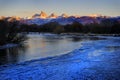 Grand Tetons Mountain Range Teton Mountains with Snow and Sunset Light with River & Ice