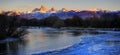 Grand Tetons Mountain Range Teton Mountains with Snow and Sunset Light with River & Ice