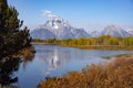 Grand Tetons reflected in Jackson lake with fall colors, Wyoming Royalty Free Stock Photo