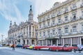 Grand Theater of Havana, oldest hotel Inglaterra, parked colorful retro cars for tourists