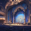 Grand Theater Stage with Lush Blue Curtains and Ornate Decor Royalty Free Stock Photo