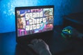 Grand Theft Auto VI video game. Point of view video gaming on PC. Playing computer video game