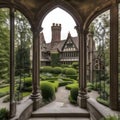 A grand Tudor mansion with towering chimneys, leaded glass windows, and sprawling gardens