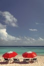 Grand Turk, Turks and Caicos - December 29, 2015: summer seaside beach with sunbed and umbrella