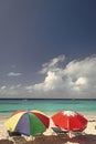 Grand Turk, Turks and Caicos - December 29, 2015: summer vacation beach with sunbed and umbrella