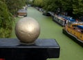 Grand Union Canal at Little Venice, Paddington, London. The water is covered in green algae after the summer heatwave, 2018 Royalty Free Stock Photo