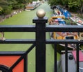 Grand Union Canal at Little Venice, Paddington, London. The water is covered in green algae after the summer heatwave, 2018 Royalty Free Stock Photo