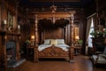 a grand victorian bedroom featuring a detailed wooden four-poster bed and nightstand