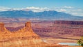 Grand view of Marlboro Point overlook and potash ponds in Canyonlands National Park and La Sal Mountain on the background