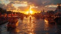 Grand water parade for opening of the Olympic Games in Paris, river with decorated boats and crowds cheering on the