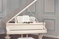 Grand white grand piano. Red rose on a white piano. Royalty Free Stock Photo