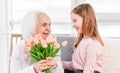 Grandaughter gives flowers to grandmother Royalty Free Stock Photo