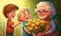 Grandchildren give grandma a bouquet of flowers on a spring holiday in nature