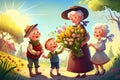 Grandchildren give grandma a bouquet of flowers on a spring holiday in nature
