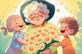 Grandchildren give grandma a bouquet of flowers in spring in nature. Cartoon style