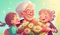 Grandchildren give grandma a bouquet of flowers in spring in nature. Cartoon style