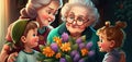 Grandchildren and mom give grandma a bouquet of flowers on the International Women`s Day holiday. Cartoon style