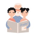 Granddad reading book with grandchildren. Grandfather telling fairytales to his grandson and granddaughter. Portrait of Royalty Free Stock Photo