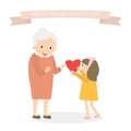 Granddaughter gives heart to grandmother. Happy grandparents day greeting background. Vector Illustration.