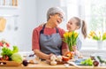 Granddaughter is giving flowers to her grandmother Royalty Free Stock Photo