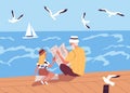 Granddaughter and grandfather spending time together sitting on waterfront vector flat illustration. Elderly man reading