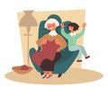 Granddaughter and grandmother knitting in armchair, granny and child, family